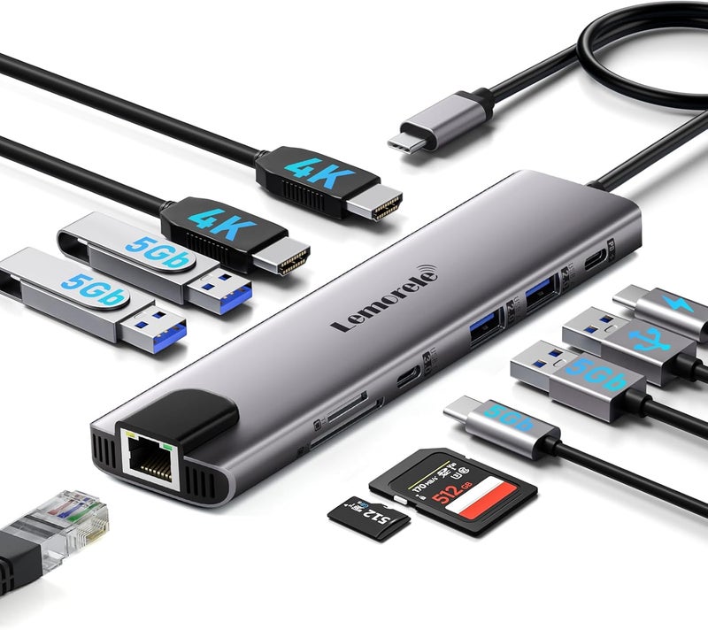 Lemorele Aluminum Docking Station USB-C Hub with 2 HDMI, Gigabit Ethernet, 4 USB A, USB-C 3.0, PD 100W, SD/TF, 1000Mbps RJ45 LAN Dock Adapter for MacBook Docking Station Laptop, Supports 2 Monitor - Image 1